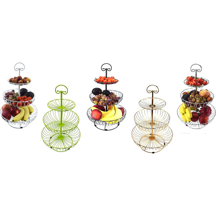 Металевий кошик для фруктів та овочів з ручкою для кухні/балкону, 3 яруси, великий, з нержавіючої сталі, з 360° циркуляцією повітря (чорний, 45 см висота, Ø30-24-16.5 см)