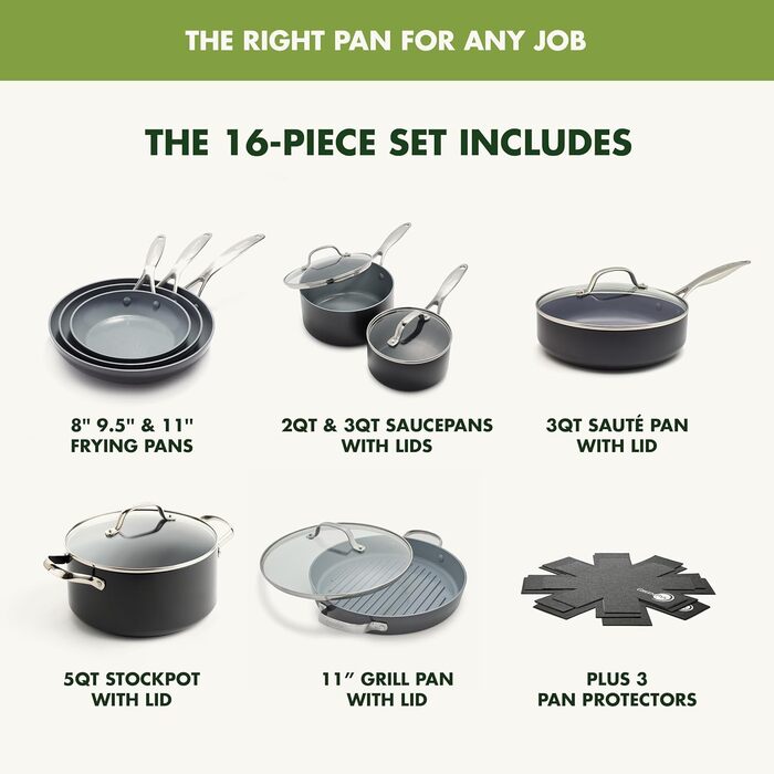 GreenPan Valencia Pro 16-Piece Cookware Set with Harteloxed, Healthy, Ceramic Non-Stick Coating, PFAS-Free, Induction, Dishwasher Safe, Oven Safe, Gray Cookware Set