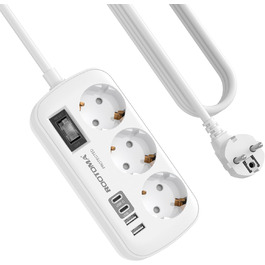 Многорозеткова станція з захистом від перенапруги, 3 розетки, 4 USB (2 USB-C), вимикач, кабель 1.5м, для дому/офісу, білий