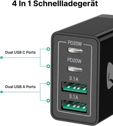 Зарядний пристрій Aioneus USB-C 40W, 4 порти PD 3.0 + QC USB-A, швидка зарядка для iPhone 15 Pro Max, Samsung та інших смартфонів - Чорний