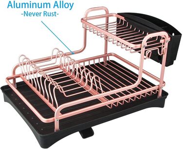 Стійка для сушіння посуду Tomorotec з алюмінію, 2 яруси, з піддоном та тримачем для столових приборів, матовий рожево-золотий