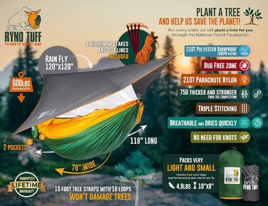 Гамак для кемпінгу з москітною сіткою та тентом - двомісний гамак з сіткою від комах та наметом, посилений, легкий, з кишенею, надійні ремені для дерев та карабіни, "Fliegen- und Moskitonetz"