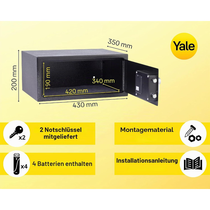 Електронний готельний сейф Yale YLG/200/DB2 на 24 л з LCD-дисплеєм, кодовим замком та можливістю кріплення до стіни або підлоги, чорний (для ноутбуків)