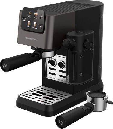 Еспресо-машина GRUNDIG KSM 6430 з вбудованим контейнером для молока, 1628 Вт, 20 бар, 2-дозова, Touch-Display, BrewSense, CreamyPro, Dark Inox/Schwarz, сумісна з капсулами та падами