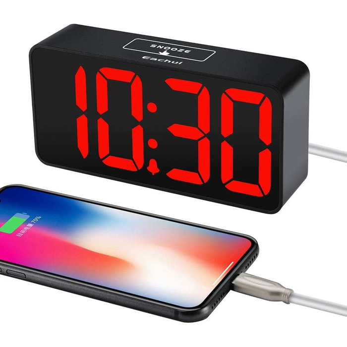 LED годинник-будильник Eachui з USB-зарядкою, великий дисплей, регулювання яскравості та гучності, функція відкладання, 12/24 год, цифровий годинник, живлення від мережі (чорний & білий), червоний