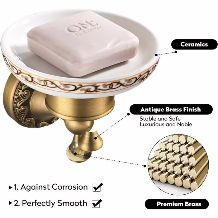 CASEWIND Soap Dish Antique, Vintage Wall Soap Holder, Retro Brass Ceramic Soap Shelf with Drill Wall Mounting Nostalgic for Shower