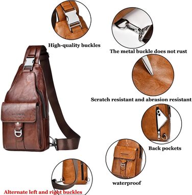 Чоловіча шкіряна сумка через плече, нагрудна, водонепроникна, для подорожей, велоспорту, кемпінгу (темно-коричнева)