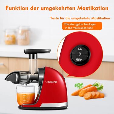 AMZCHEF Juicer for Vegetables and Fruits - Test Winner - Slow Juicer with Reverse-Mastication Function - Gentle Crushing Without Filtering - Electric Juice Press with Brush and 2 Cups - Cherry Red