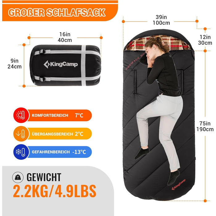 KingCamp XXL 3-Season Sleeping Bag - Oversized for Adults, Outdoor Camping, Backpacking, Hiking, Travel - Lightweight & Portable