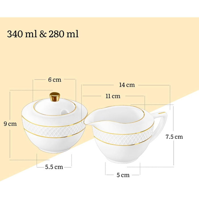 Wilmax Sugar Bowl + Milk Jug Set - 2-Piece - Porcelain Milk & Sugar Containers with Gold Pattern - White - Sugar Dispenser with Lid - Coffee Service for Milk Coffee Tea