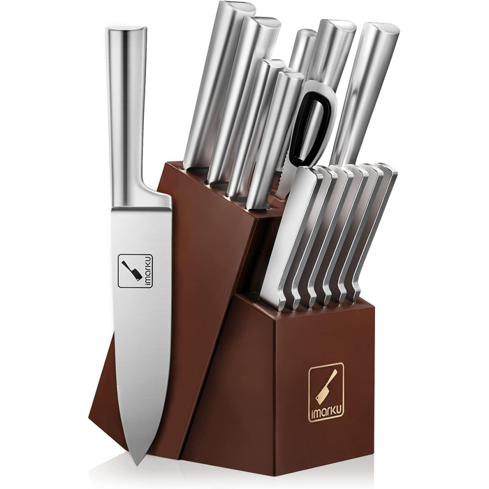 IMARKU 15-Piece Japanese Stainless Steel Knife Set with Block - Professional Kitchen Knife Set with Sharpener & Cleaning Block