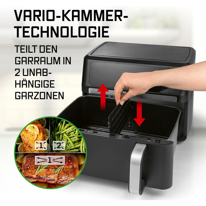 Фритюрниця готувальна повітрям Gourmetmaxx AirGenius 9 л (2 x 4,5 л) з 8 програмами | 2 камери для одночасного приготування | Сенсорний дисплей, для 8 осіб
