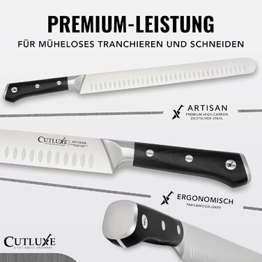 Ніж для нарізання шинки Cutluxe – 30 см, професійний ніж для м'яса та барбекю, з німецької сталі, повний хвостовик, ергономічна ручка та піхви, серія Artisan