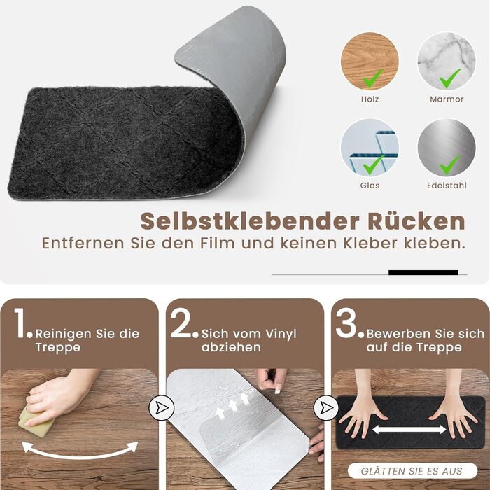 Килимок для сходів, 15 шт., самоклеючий, антиковзкий, для дому, можна різати, багаторазовий, захист від ковзання для дітей, домашніх тварин та літніх людей (55х19 см, 65х20 см, чорний)