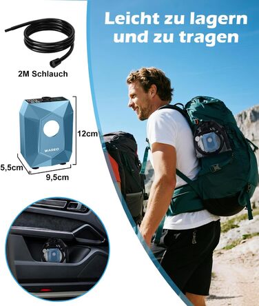 Портативна душова кабіна WADEO з акумулятором, помпою та підсвічуванням, 120 хвилин роботи, LED-ліхтар, мобільний душ-сет з 2м шлангом, душовою насадкою, тримачем та відром для саду, миття автомобіля, домашніх тварин, пляжу, подорожей (Блакитний, з відром