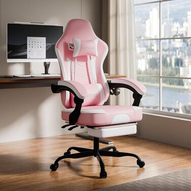 Ігрове крісло Gaming Chair з підніжкою та ергономічною підтримкою попереку, регульована спинка 90-135°, офісне крісло для геймерів, рожево-біле