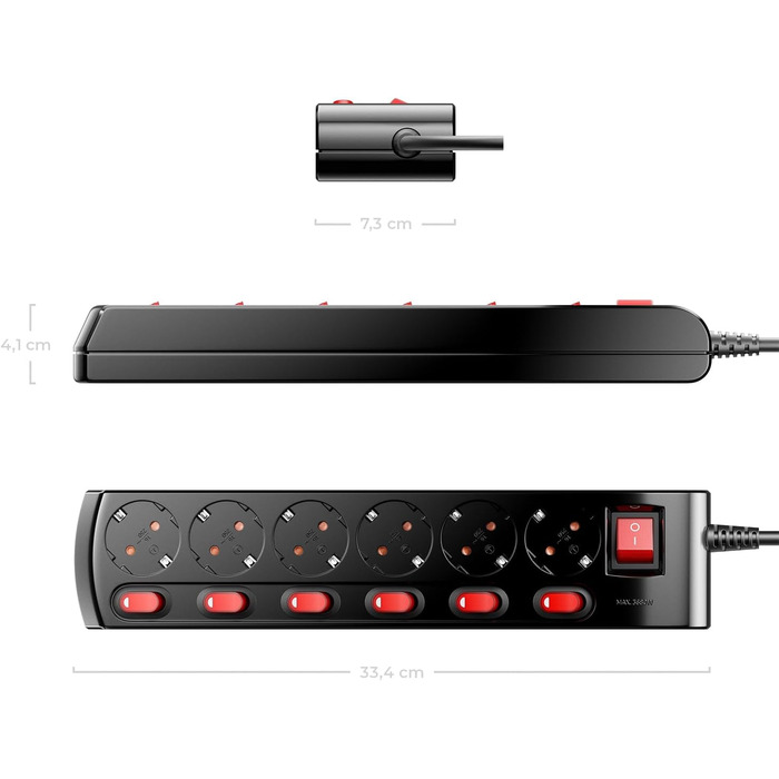 Многофункціональна мережева стрічка deleyCON з 6 розетками та індивідуальними вимикачами (3м, чорна)