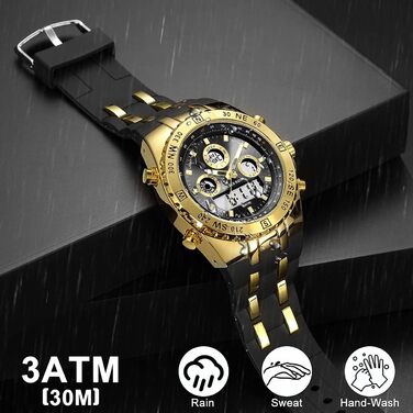 Чоловічий військовий годинник: спортивний, з датою, будильником, світлодіодом, секундоміром. Великий годинник для чоловіків (чорний, золотий)