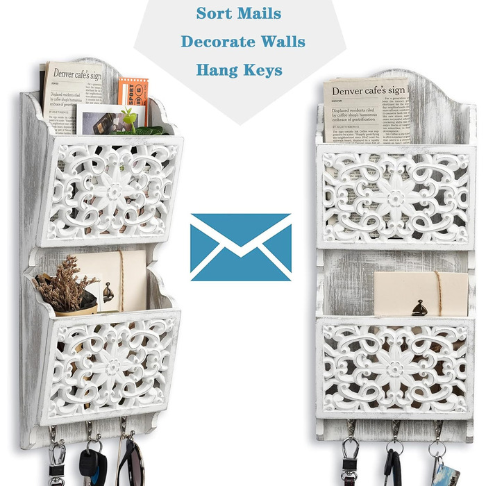 Дерев'яний органайзер для ключів з поличкою та відділенням для листів, крейдяною дошкою та 8 гачками, настінний (античний)