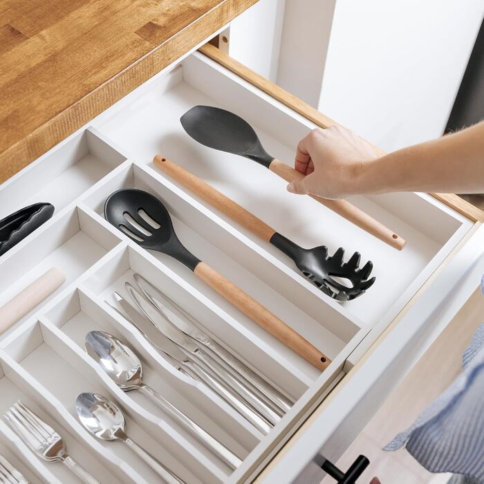 KitchenEdge Органайзер для столових приладів та кухонного приладдя з білого бамбука, розсувний, харчовий, для шухляд, 45,7–83,8 см