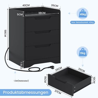 Комплект приліжкових тумб Brinlawb з LED підсвіткою та USB зарядкою, чорний, з 2 і 3 шухлядами, для спальні та вітальні