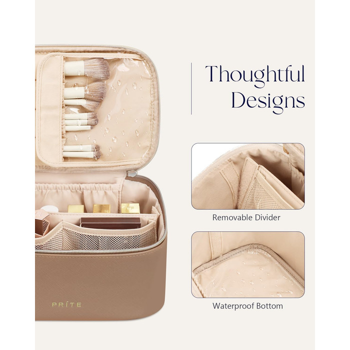 Велика косметичка для жінок, дорожня туалетна сумочка з водонепроникної шкіри, велика косметичка або сумочка для макіяжу з ручкою та знімним роздільником (коричнева)