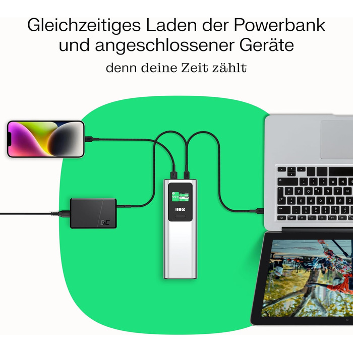 Powerbank Greencell PowerPlay Ultra 25200mAh 140W з USB-C PD, Швидка зарядка для ноутбука, MacBook, iPhone, LCD дисплей