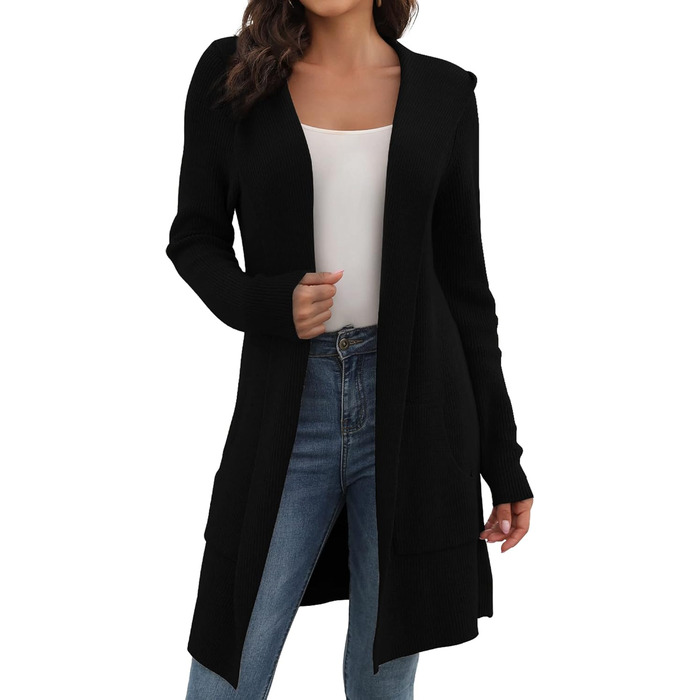 Жіноча довга куртка-кардиган без застібки JUOIANTANG, чорна, розмір XXL