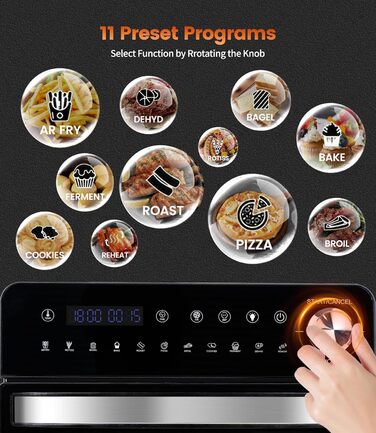 Аерофритюрниця 14 л Emphsism, міні-піч Airfryer XXL 1800 Вт, 11 програм, LED-екран, 4 аксесуари (шампур, решітка тощо), з рецептурником