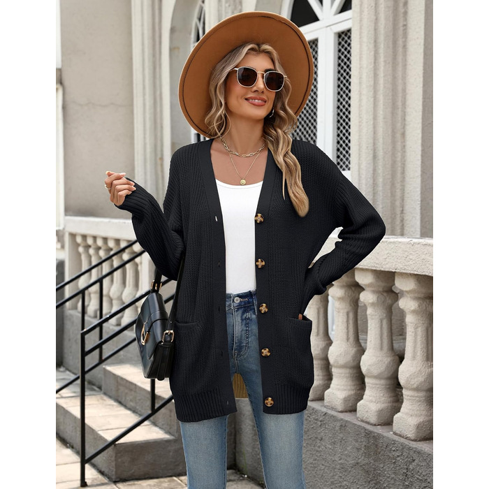 Жіночий в'язаний кардиган Zeagoo з довгими рукавами, з ґудзиками, вільний крій, V-подібний виріз, грубий в'язання, повсякденна куртка, осінь/зима, чорний, XL