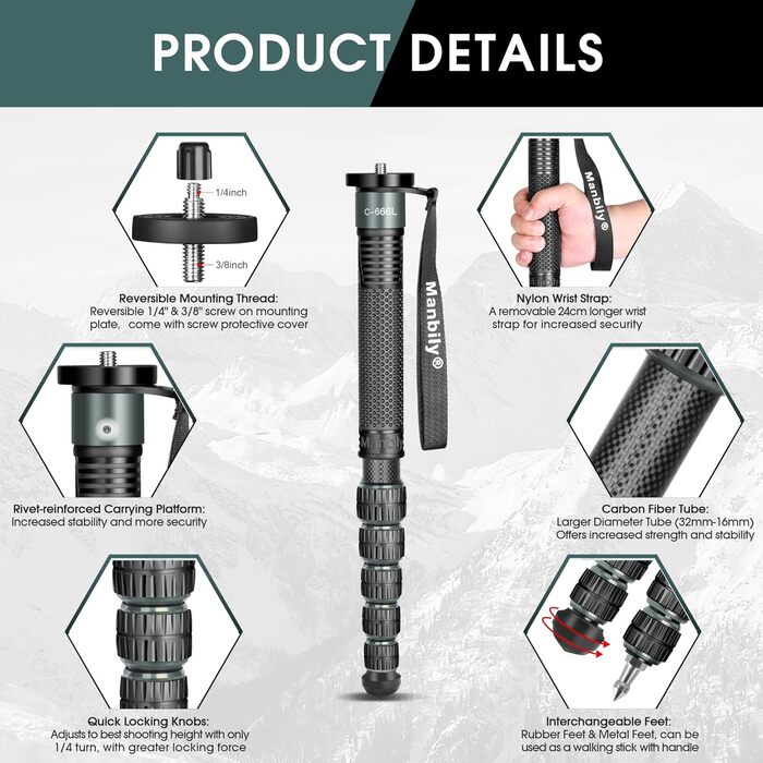 Монопод Manbily 32мм для камери: карбонове тренога, 44-174см, 6 секцій, з ручкою-ходунком, для DSLR, відеокамери, з кліпсою для телефону, сірий