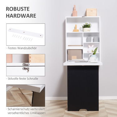 HOMCOM Wall Table Folding Desk with 5 Compartments, White and Black Board, 60x94.5x147cm, Space-Saving for Home Office