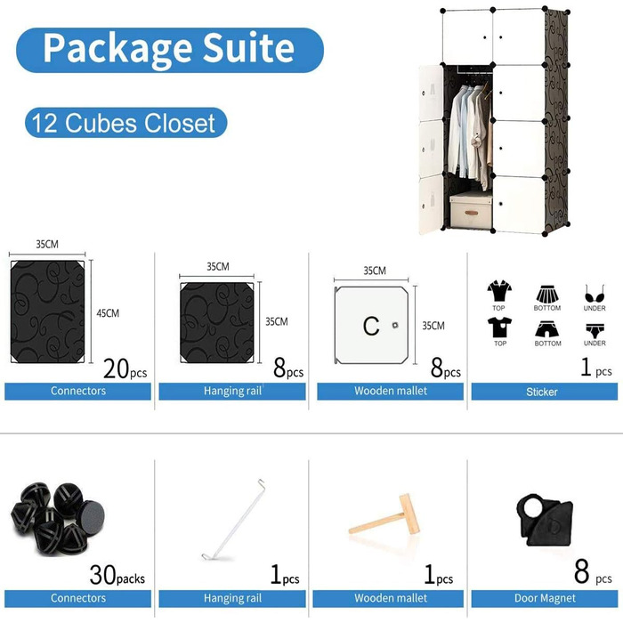BRIAN & DANY 12-Cube Wardrobe, Modular Closet Storage Unit, Plug-in Shelf System, Plastic Closet with Doors & 2 Hangers, Additional Stickers Included (8 Cube, Black and White)