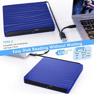 Зовнішній DVD-привід USB 3.0 та Type-C, портативний CD/DVD +/-RW записувач для ноутбука, ПК, MacBook, Windows, macOS, Linux (Темно-синій)