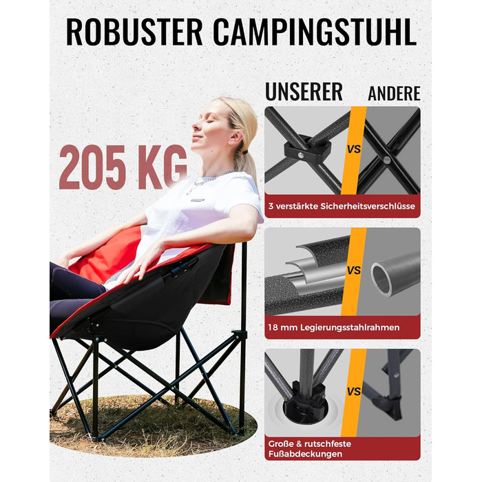 Крісло для кемпінгу KingCamp Moonchair XXL: зручне, з підлокітником, витримує до 205 кг, для відпочинку на природі, саду, риболовлі та балкону (червоний)
