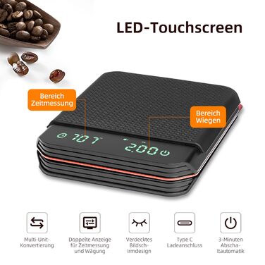 Кухонні ваги Carehabi з таймером, 0.1г, прецизійна вага для еспресо, 2 кг, з силіконовим підігрівачем, перезаряджувана