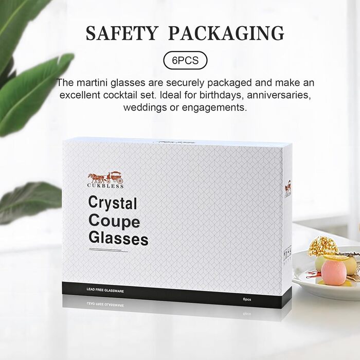 Набір келихів для мартіні CUKBLESS (6 шт.), 200 мл, вінтажний дизайн, ручної виготовлення, для коктейлів, десертів, віскі та мартіні