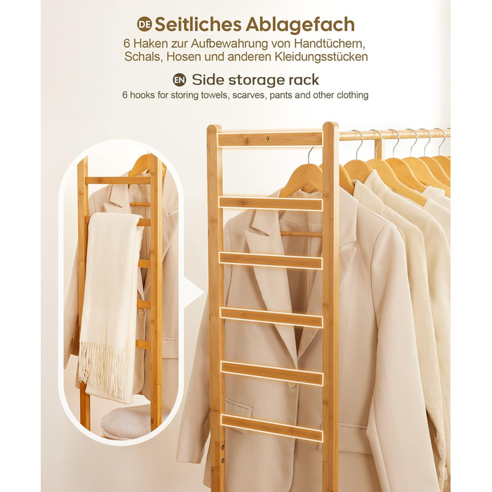 Yorbay Bamboo Clothes Rack with Wheels, with Clothes Rail, 3 Shelves and 6 Hooks, Tree Shape, 100 x 38 x 176 cm (Natural)
