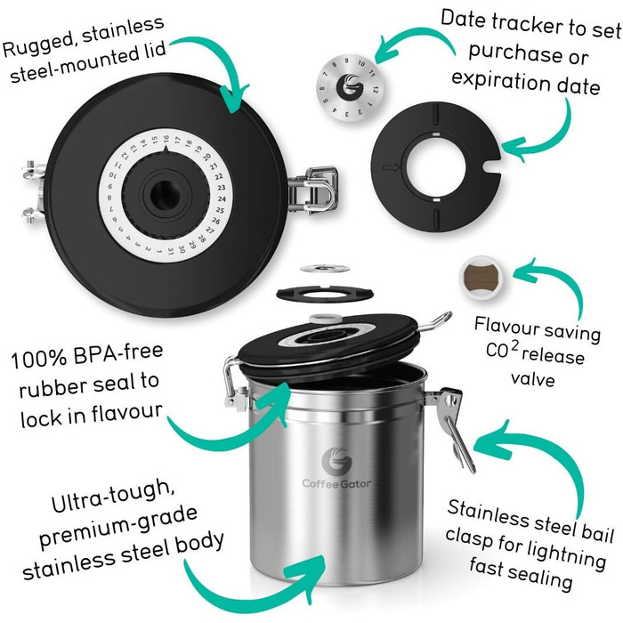 Контейнер для кави Coffee Gator з нержавіючої сталі, герметичний, з датою відкриття, клапаном CO2, мірною ложкою, для кавових зерен, меленої кави, горіхів, чаю, цукру, борошна, у подорожах, срібний, M/Mini