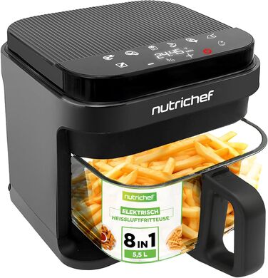 Фритюрниця NutriChef 5.5L біла – електрофритюрниця 8-в-1 з скляною чашею та LED-дисплеєм. Без олії, 360° циркуляція повітря. Для картоплі фрі, курки, овочів та іншого.