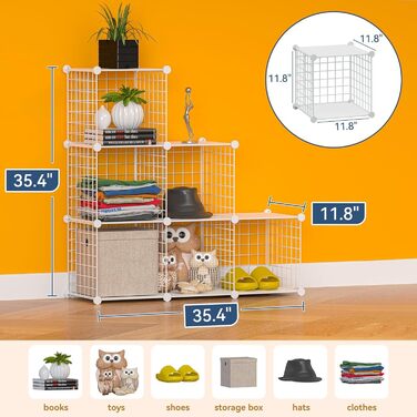 TUMUCUTE Storage Shelf with 9 Cubes, Plastic, Closet, Modular, Bookshelf, Storage Shelves for Bedroom, Living Room, Office, (White Plastic-Iron, 6 Cubes)