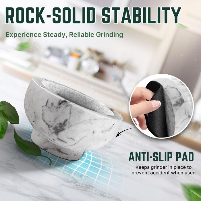 Мраморний ступка з толуштою Flexzion, 12 см, для спецій та приготування їжі, білий колір