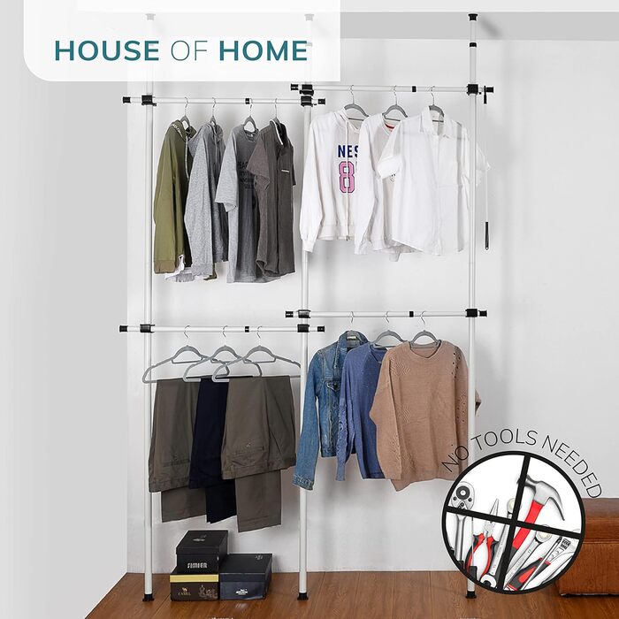 Robust, triple-extendable clothes rail from House of Home – Replacement for clothes rail in wardrobe – Adjustable shelf frame – Clothes storage (double bed)