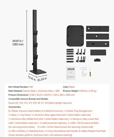 Підставка для пилососа VEVOR 126 см, сумісна з Dyson G5 V15 V12 V11 V10 V8 V7 V6, з аксесуарами, 6 гачків, неслизькі підкладки, срібна (чорна платформа)