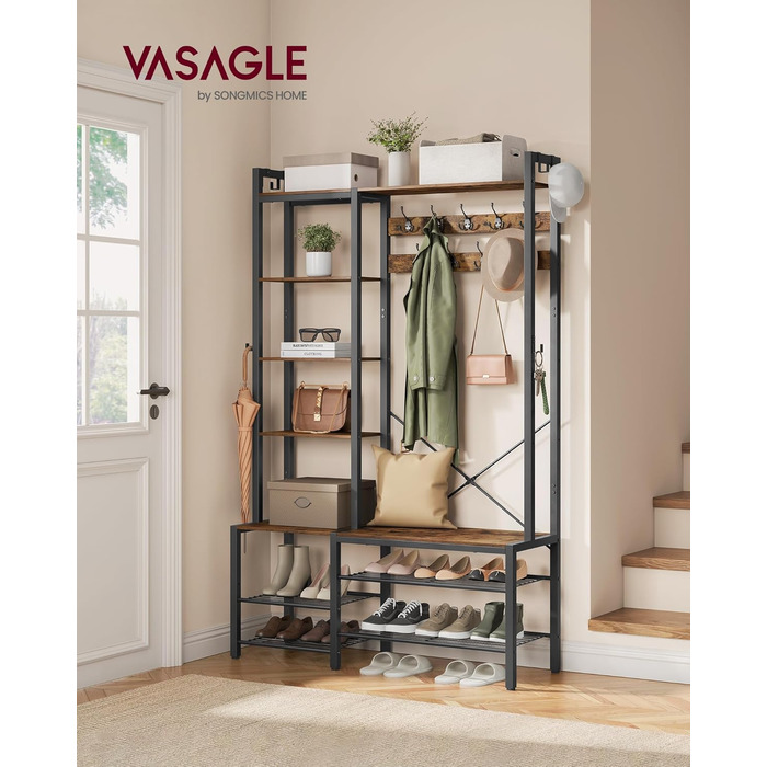 VASAGLE Coat Rack with Shoe Bench, Coat Rack, 5 Shelf Levels made of Particleboard, 9 Triple Hooks, 6 Side Hooks, 40 x 120 x 190 cm, Stone Gray-Ink Black HSR426B04 (Vintage Brown + Ink Black)