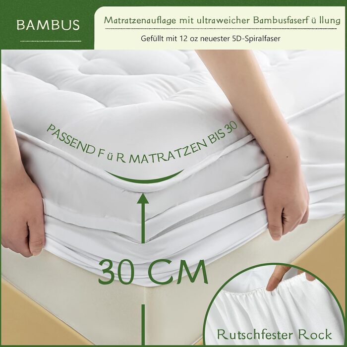 GRT Mattress Protector Topper 140 x 200 x 30 cm, Mattress Pad Bamboo Viscose Mattress Topper Choner Mattress Cover, washable multiple times, Oeko-Tex Certified, 360° All-Around Protection Fitted Sheet