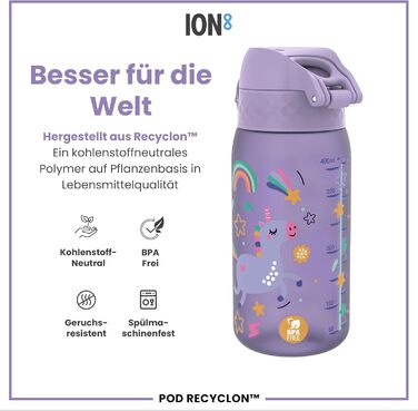 ion8 Insulated Stainless Steel Drinking Bottle 320 ml Leak-Proof One-Hand Opening Secure Locking Dishwasher-Safe Flip-Top Lid Carrying Handle Easy to Clean, Durable, Unicorn (Evo, Recyclon, Violet)