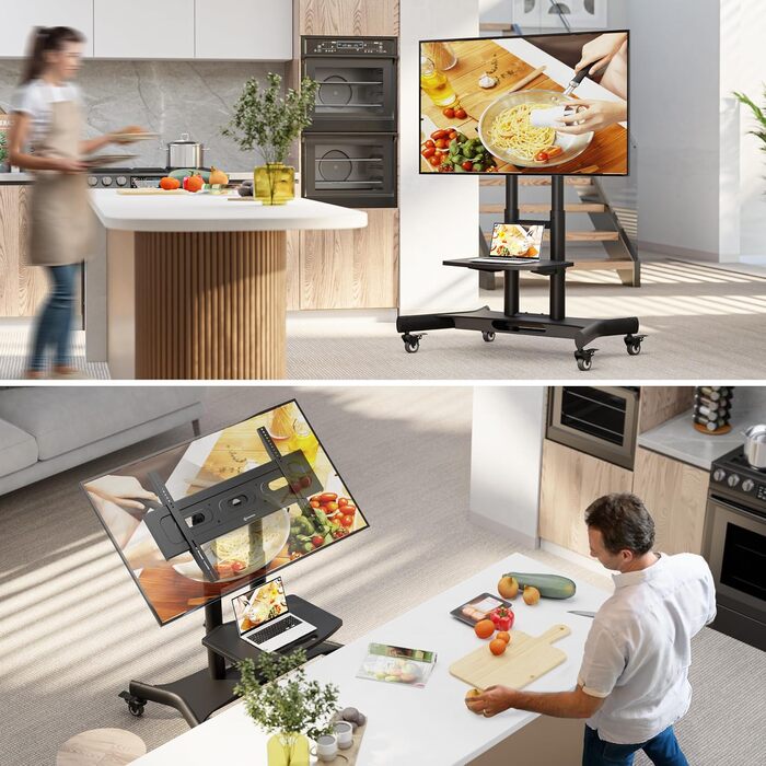 ONKRON Mobile TV Stand with Wheels - Adjustable Height & Tilt for 32-70 inch TVs (up to 45kg) - VESA 600x400 - Black