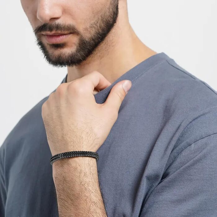 Чоловічий браслет на руку з нержавіючої сталі: подарунок на День батька, День святого Валентина, на ювілей. Срібло, чорний, золотий, 21 см. Аксесуар для чоловіків