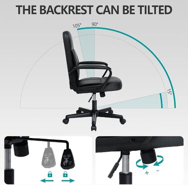 Офісне крісло MIXASTEP з PU-шкіри, поворотне, регульована висота, міцні підлокітники, 360° колеса, для роботи, навчання, ігор (Чорний)